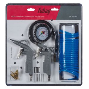 FUBAG Набор пневмоинструмента 6 предметов блистер (пистолет для накачки с манометром, продувочный пистолет, спиральный шланг 5 м,  насадки для накачки 3 шт.)